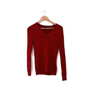 Ralph Lauren Red Cable Knit V-Neck Sweater Womens S 100% Cotton Classic Style